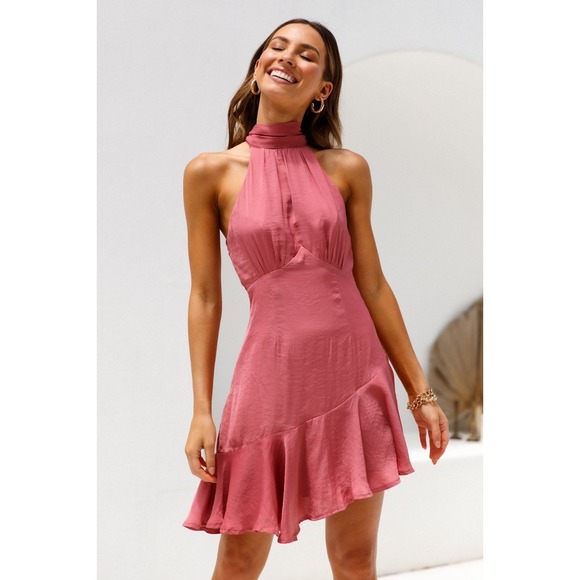 Here Comes The Sun Dresses & Skirts - Here Comes The Sun Rose Pink Halter Mini Dress Asymmetrical Ruffle Hem NWT S
